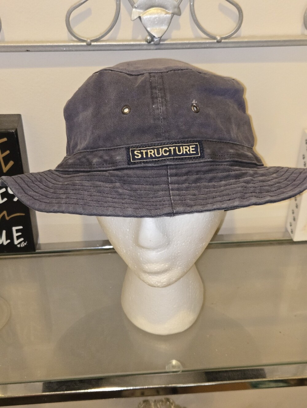 Vintage 90s Structure Navy Blue Cotton Bucket Hat Boonie Sun Cap Patch S/M